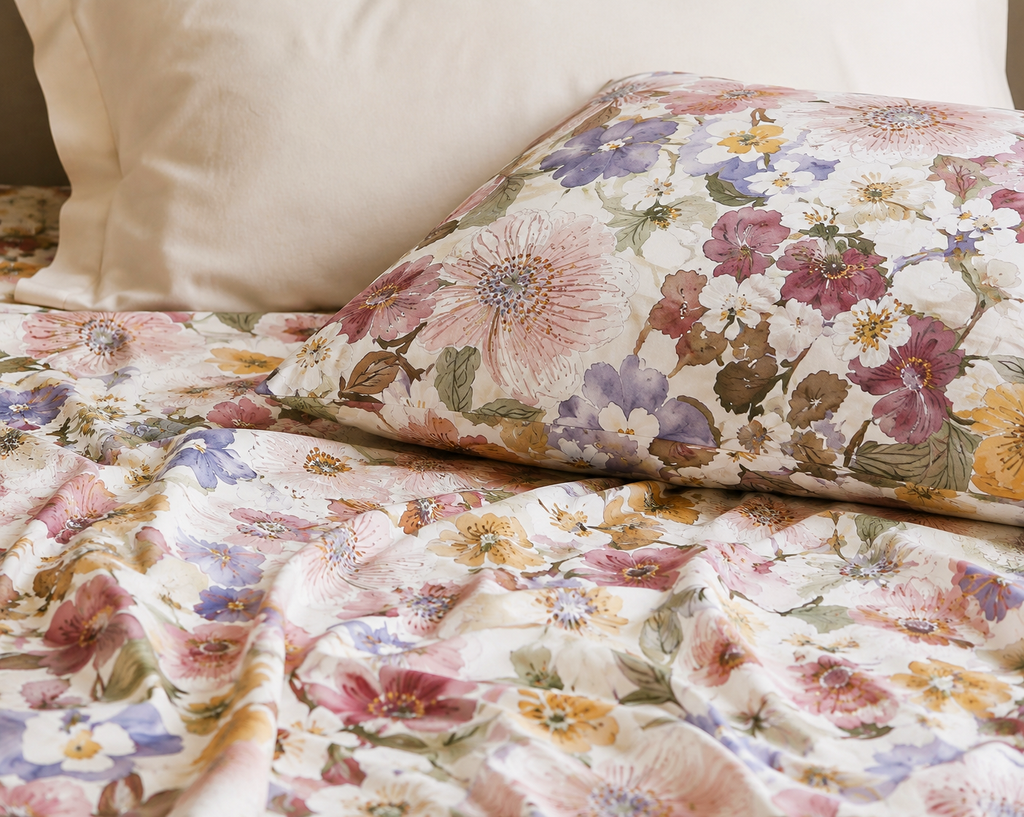 styled pillowcase and sheet of Whites of London NZ Serenity GOTS certified Organic Cotton Printed Fitted Sheet Set 250TC 