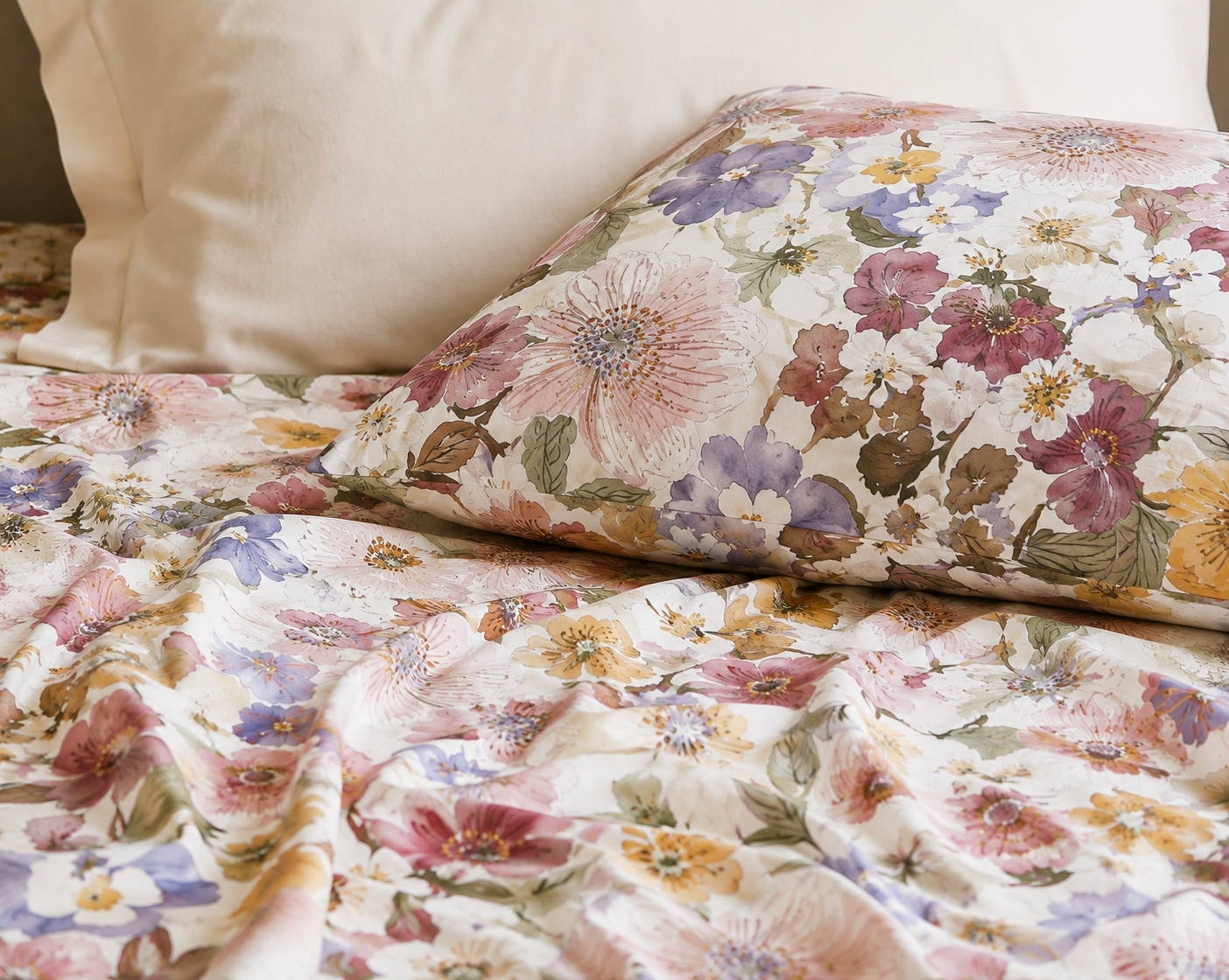 styled pillowcase and sheet of Whites of London NZ Serenity GOTS certified Organic Cotton Printed Fitted Sheet Set 250TC 