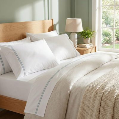 Whites of London 250TC GOTS certified organic cotton embroidered sheet set – Sky Blue embroidered trim New Zealand & Australia