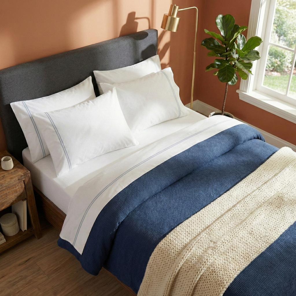 250 TC WHITE ORGANIC COTTON EMBROIDERED SHEET SET - SKY ON WHITE