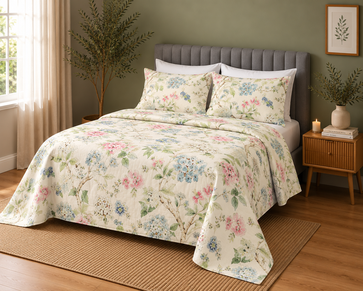 ORGANIC COTTON PERCALE PRINTED SHEET SET - SUMMER FLORAL 250TC full bed view
