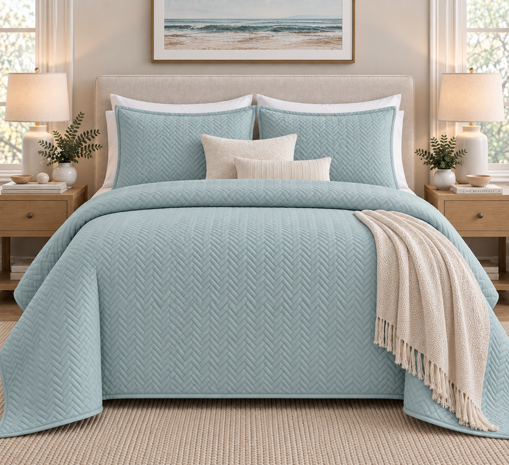 full bed view of COTTON QUILTED HERRINGBONE BEDSPREAD SET - SURF SPRAY