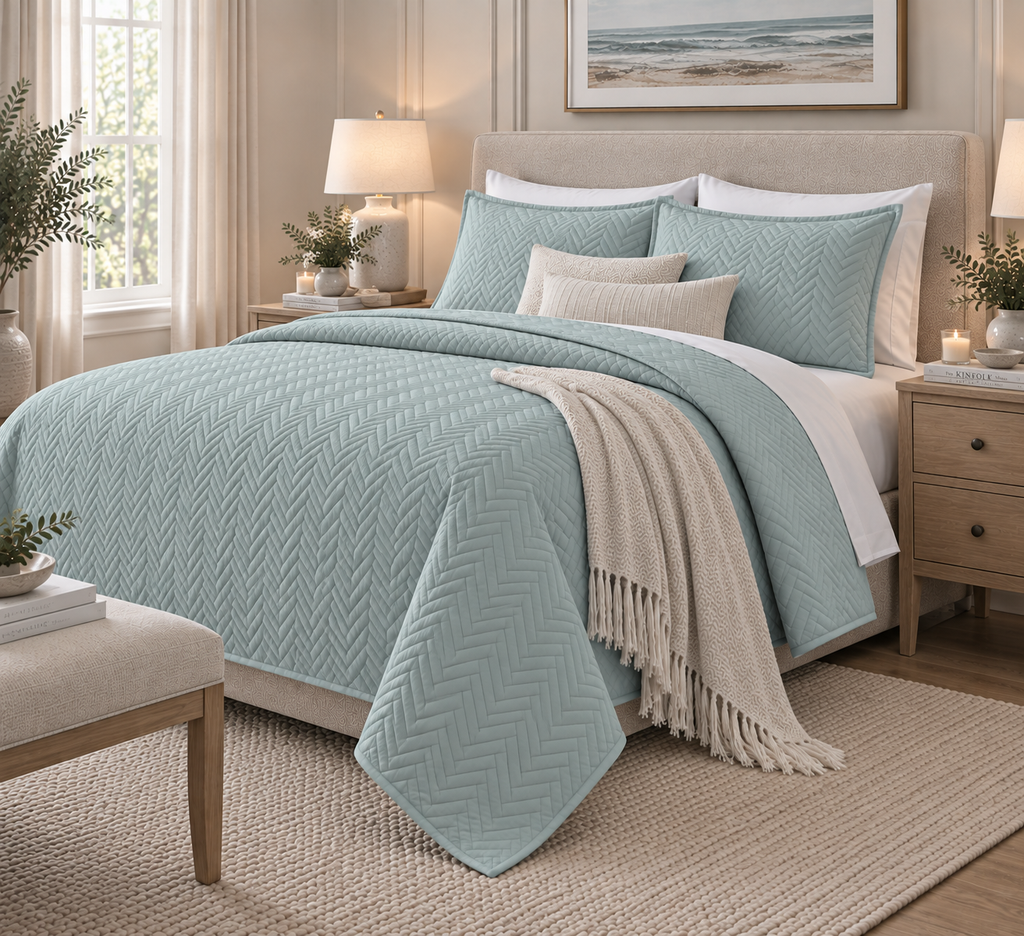 right hand view of COTTON QUILTED HERRINGBONE BEDSPREAD SET - SURF SPRAY