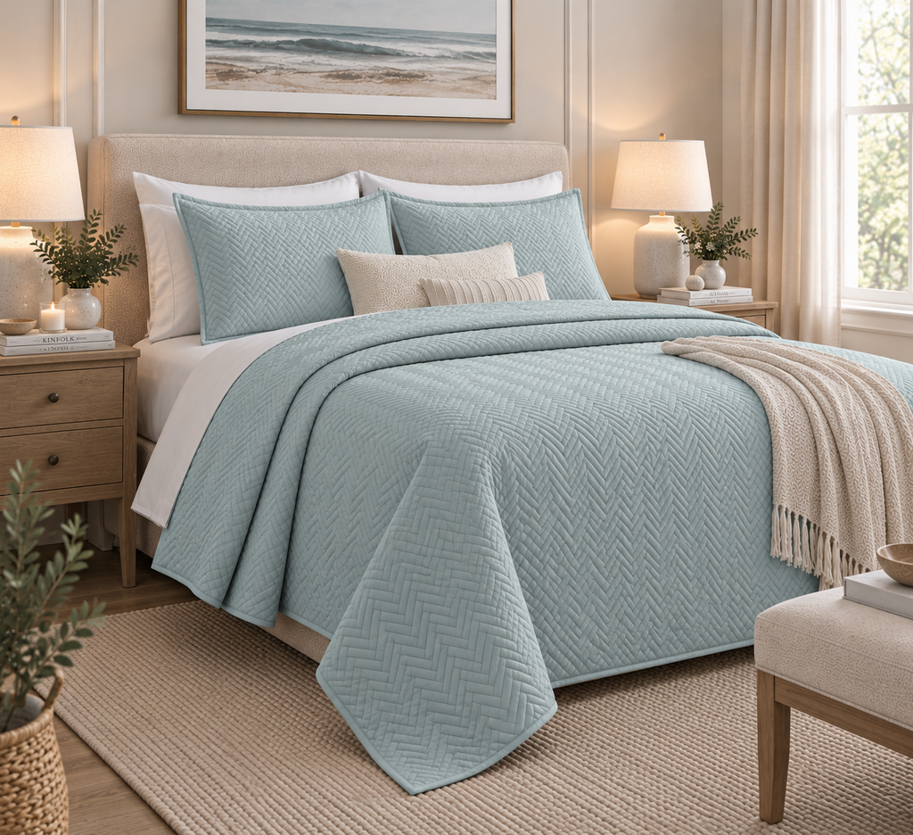 left hand view COTTON QUILTED HERRINGBONE BEDSPREAD SET - SURF SPRAY
