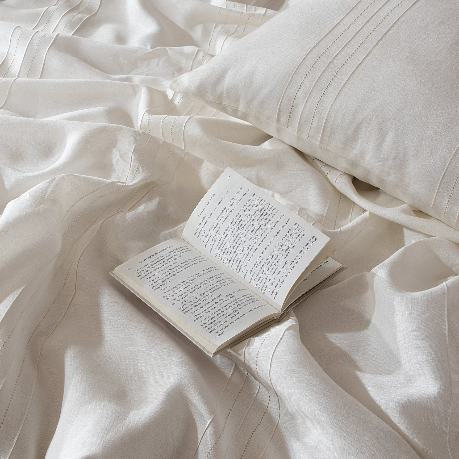 Heirloom — 100% linen pintucks and hemstitched embroidered duvet cover and pillowcases set in ivory colour