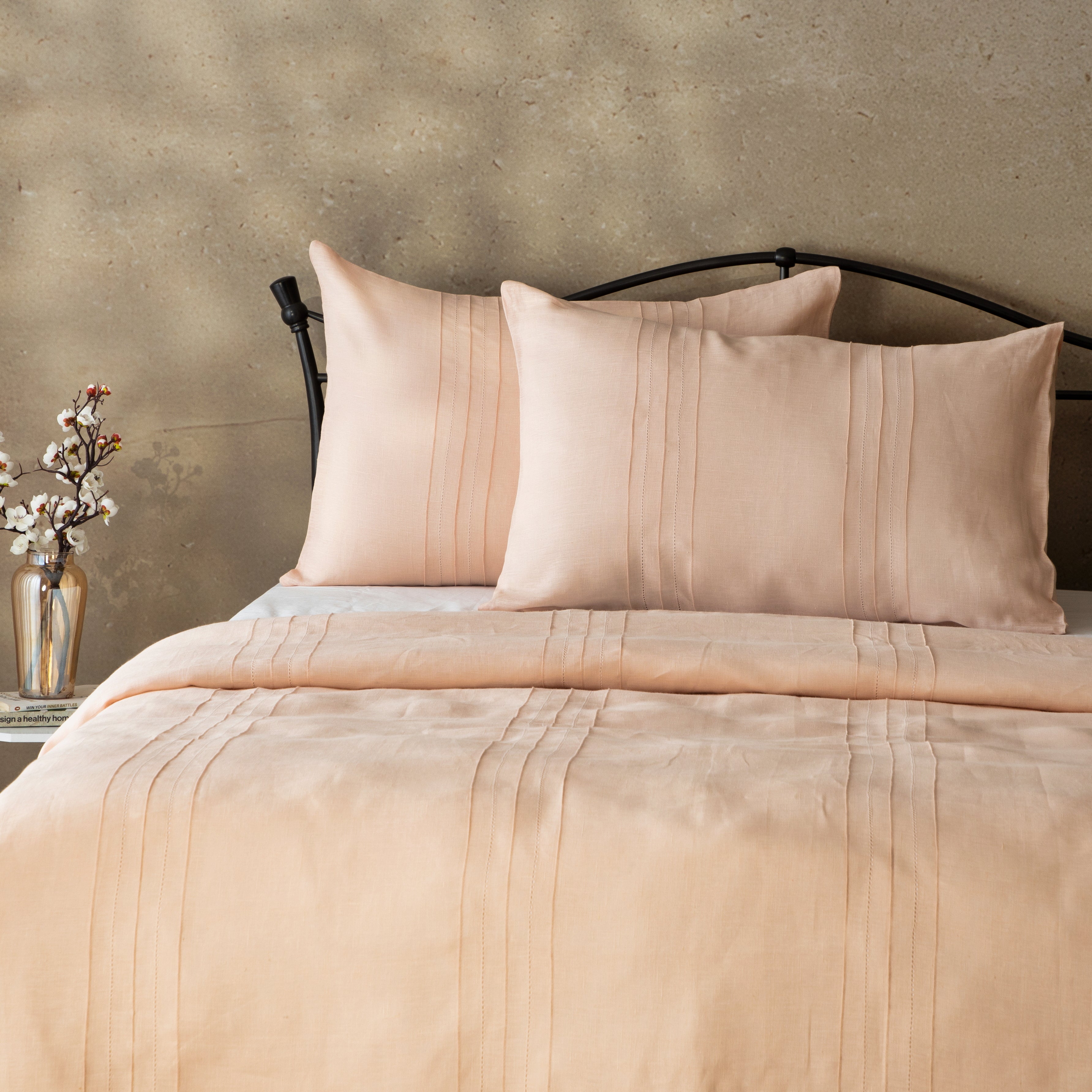 Heirloom — 100% linen pintucks and hemstitched embroidered duvet cover and pillowcases set in peach colour