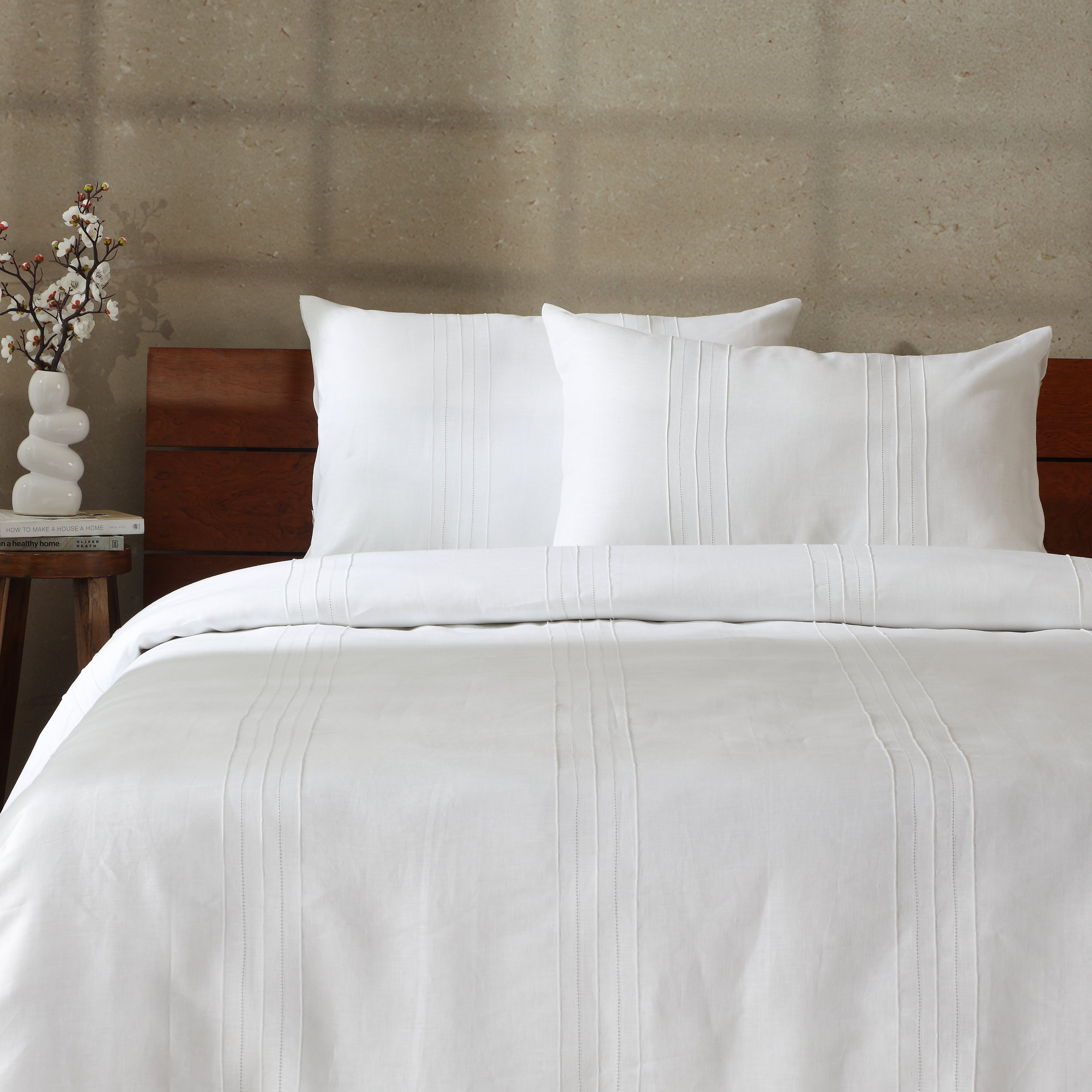 Heirloom — 100% linen pintucks and hemstitched embroidered duvet cover and pillowcases set in white colour