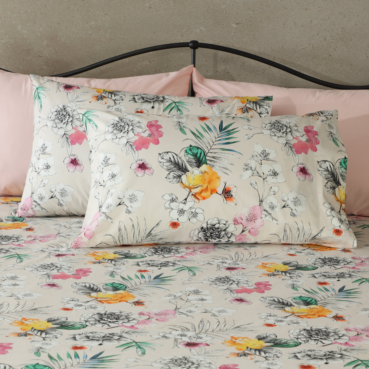 CLOSE UP OF ORGANIC COTTON PRINTED FITTED SHEET SET -  PRAIRIE 250TC