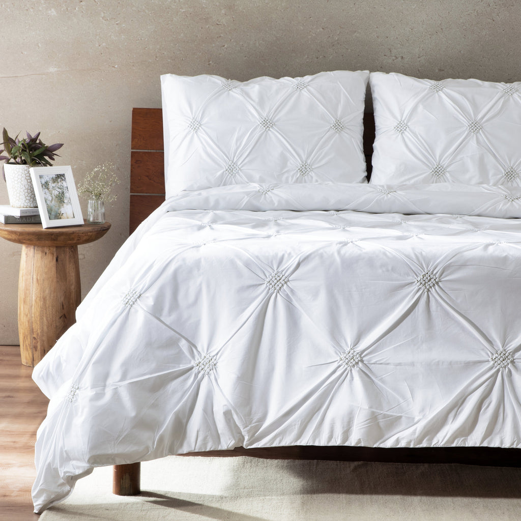DIAMOND RHAPSODY 250 TC PERCALE 100% ORGANIC COTTON EMBROIDERED DUVET COVER SET - WHITE