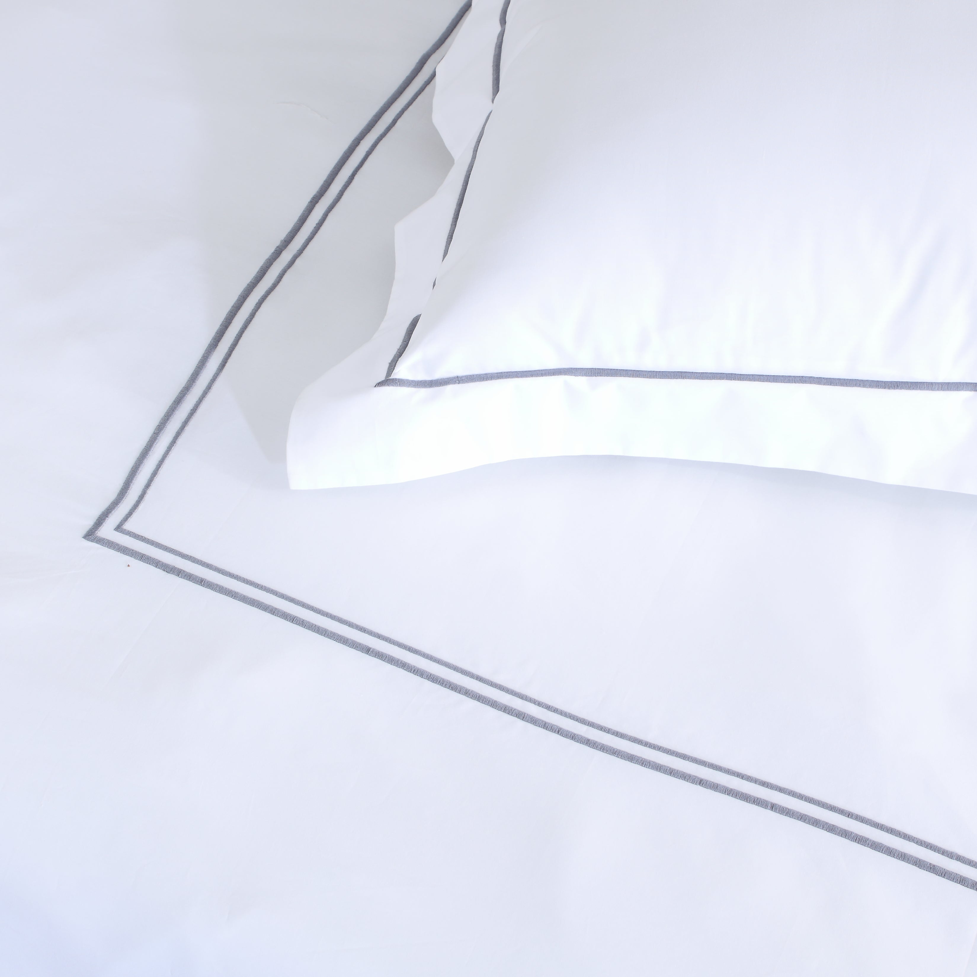 Ethan — organic cotton percale luxe marrow grey colour embroidered duvet cover with pillowcases set, 200 TC, hotel inspired, detail view