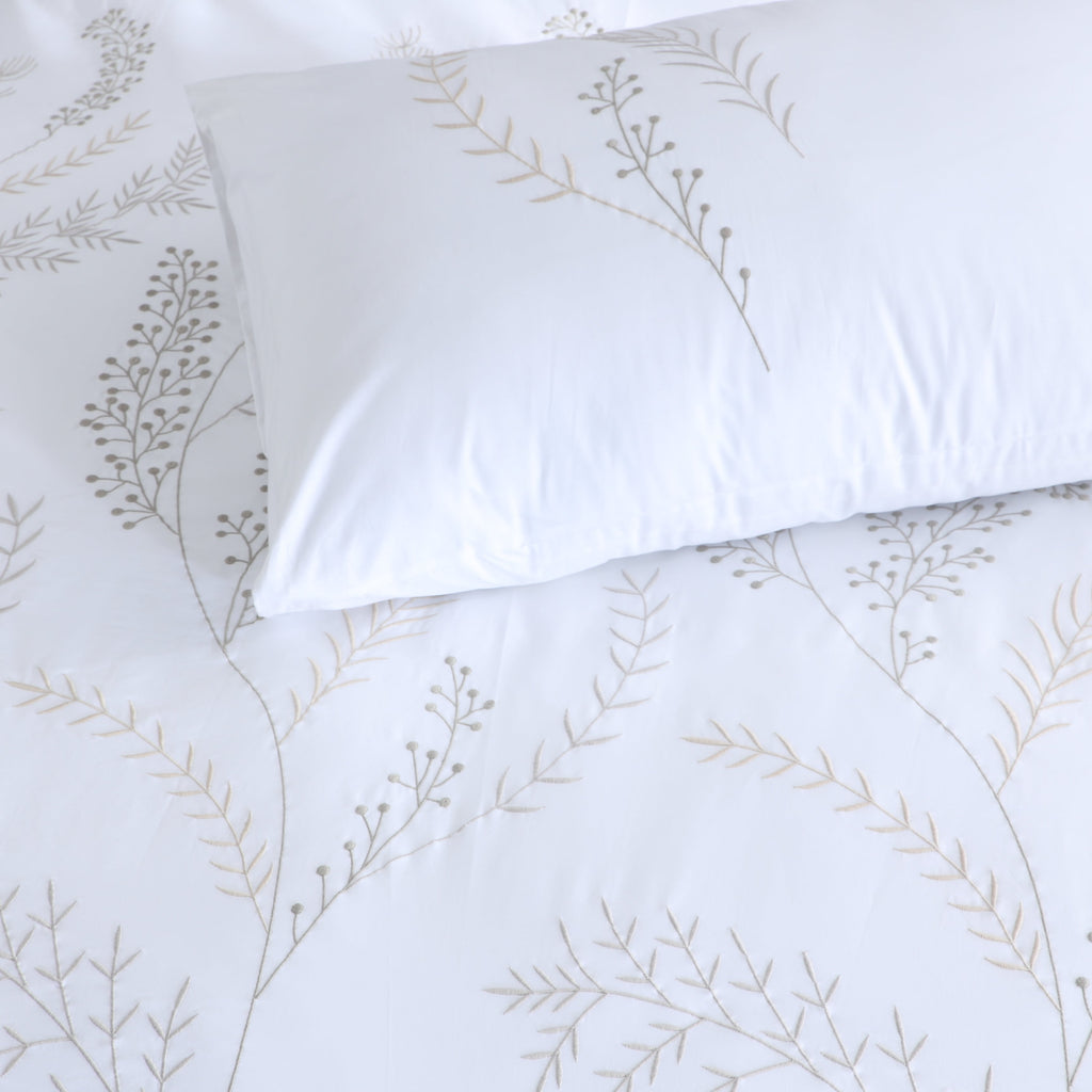 Sorrento — organic cotton percale ornate leaf embroidered design duvet cover set, 200 TC, detailed view