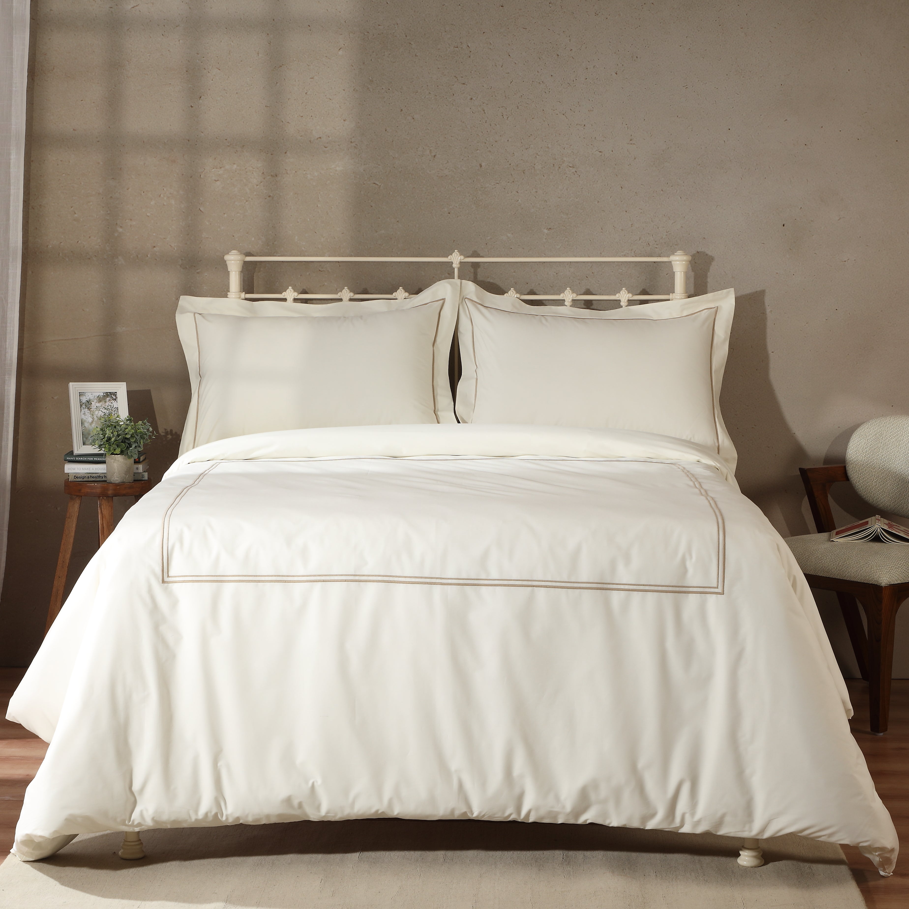 Ethan — organic cotton ivory percale luxe marrow brown colour embroidered duvet cover with pillowcases set, 200 TC, hotel inspired