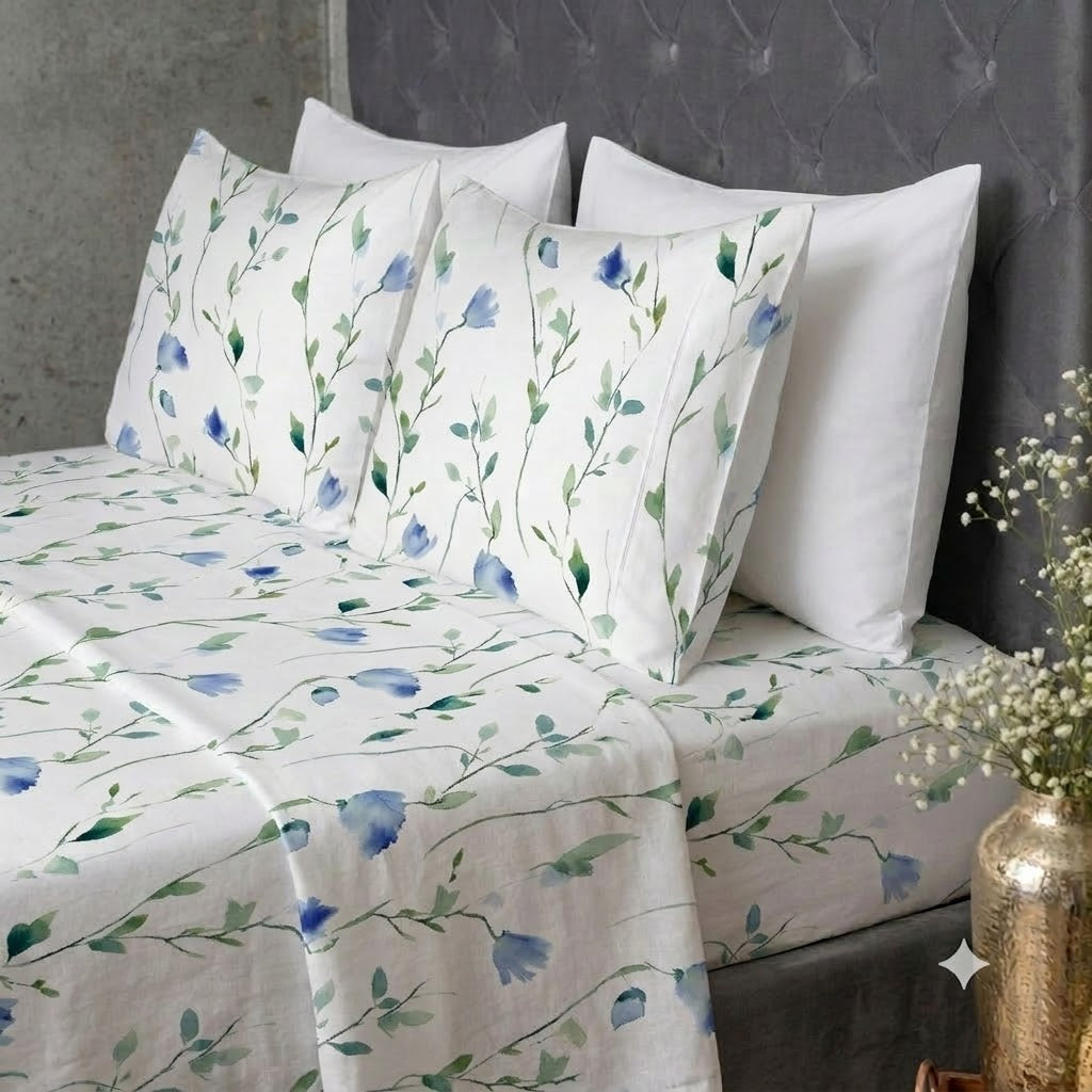 Matching pillowcases of the Whites of London NZ Watercolour Mist an GOTS certified Organic Cotton Printed Fitted Sheet Set 250TC 