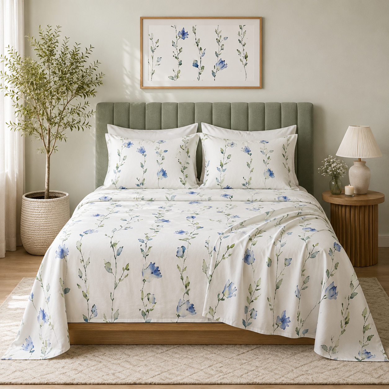 Full bed view of Whites of London NZ Organic Cotton Percale Printed Sheet Set 250TC Watercolour mist