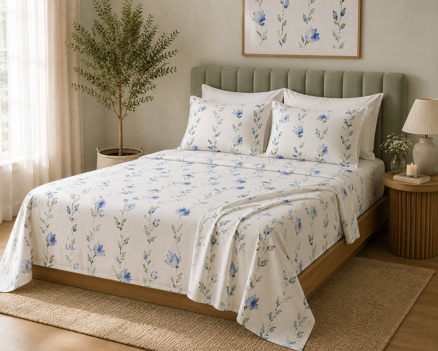 side view of Whites of London NZ Organic Cotton Percale Printed Sheet Set 250TC Watercolour mist