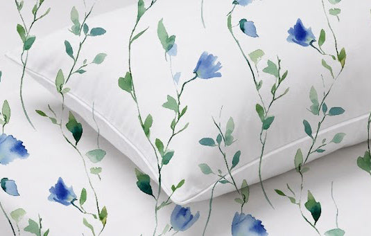 close up image of Whites of London NZ Organic Cotton Percale Printed Sheet Set 250TC Watercolour mist
