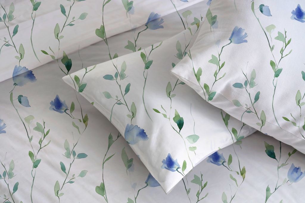 close up of Whites of London NZ Watercolour Mist an GOTS certified Organic Cotton Printed Fitted Sheet Set 250TC