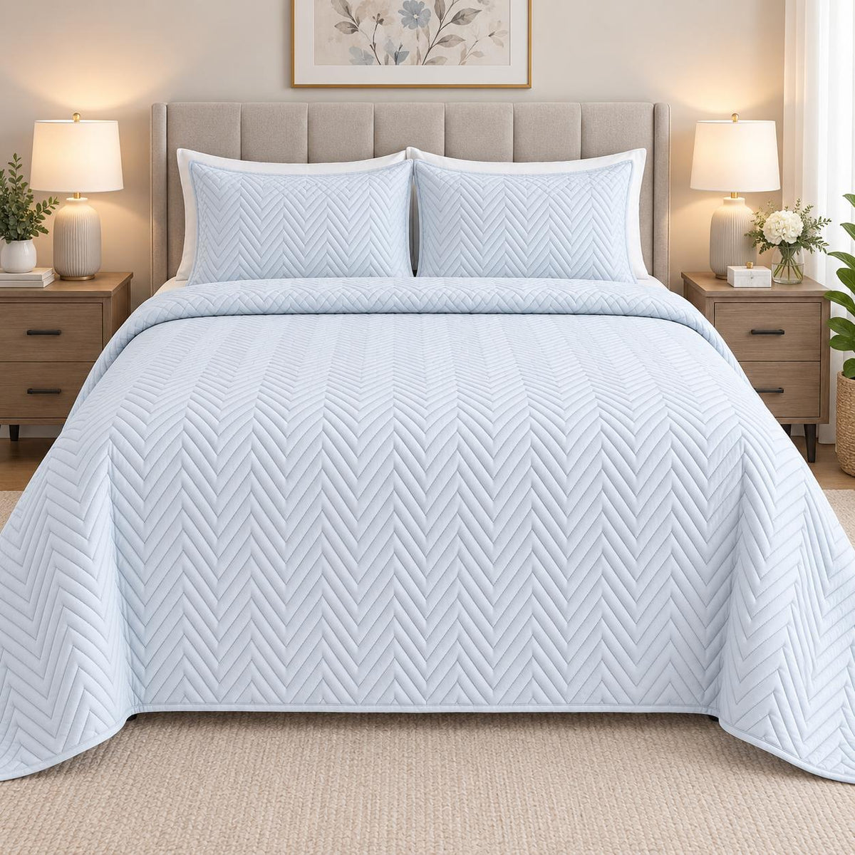 COTTON QUILTED HERRINGBONE BEDSPREAD SET - SKY BLUE