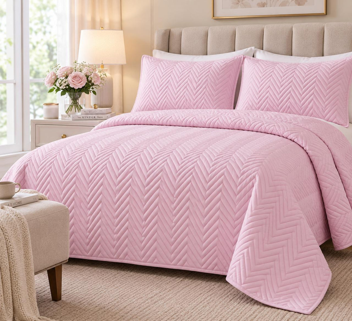 right hand view COTTON QUILTED HERRINGBONE BEDSPREAD SET - DUSTY PINK