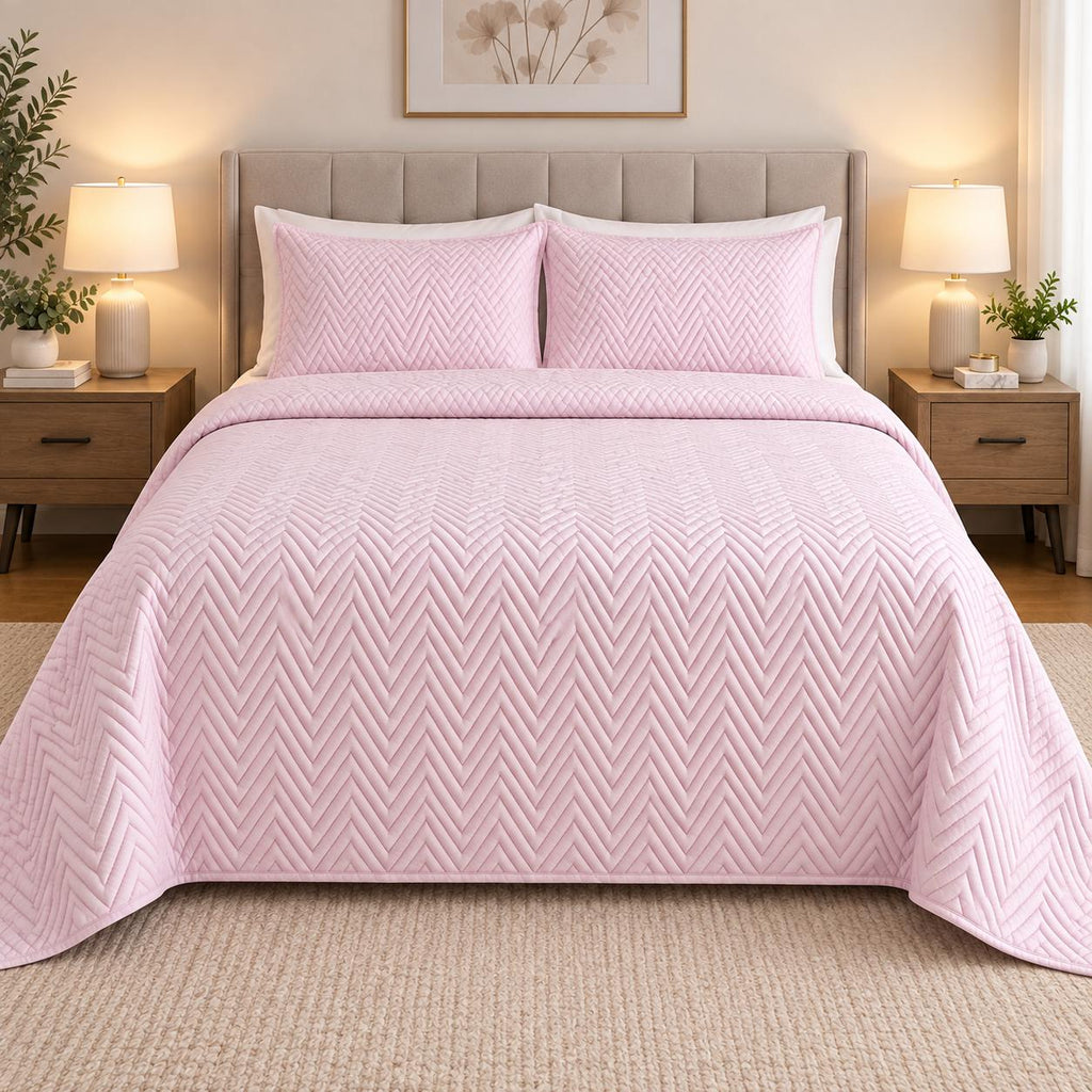 full bed view of COTTON QUILTED HERRINGBONE BEDSPREAD SET - DUSTY PINK