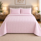 full bed view of COTTON QUILTED HERRINGBONE BEDSPREAD SET - DUSTY PINK