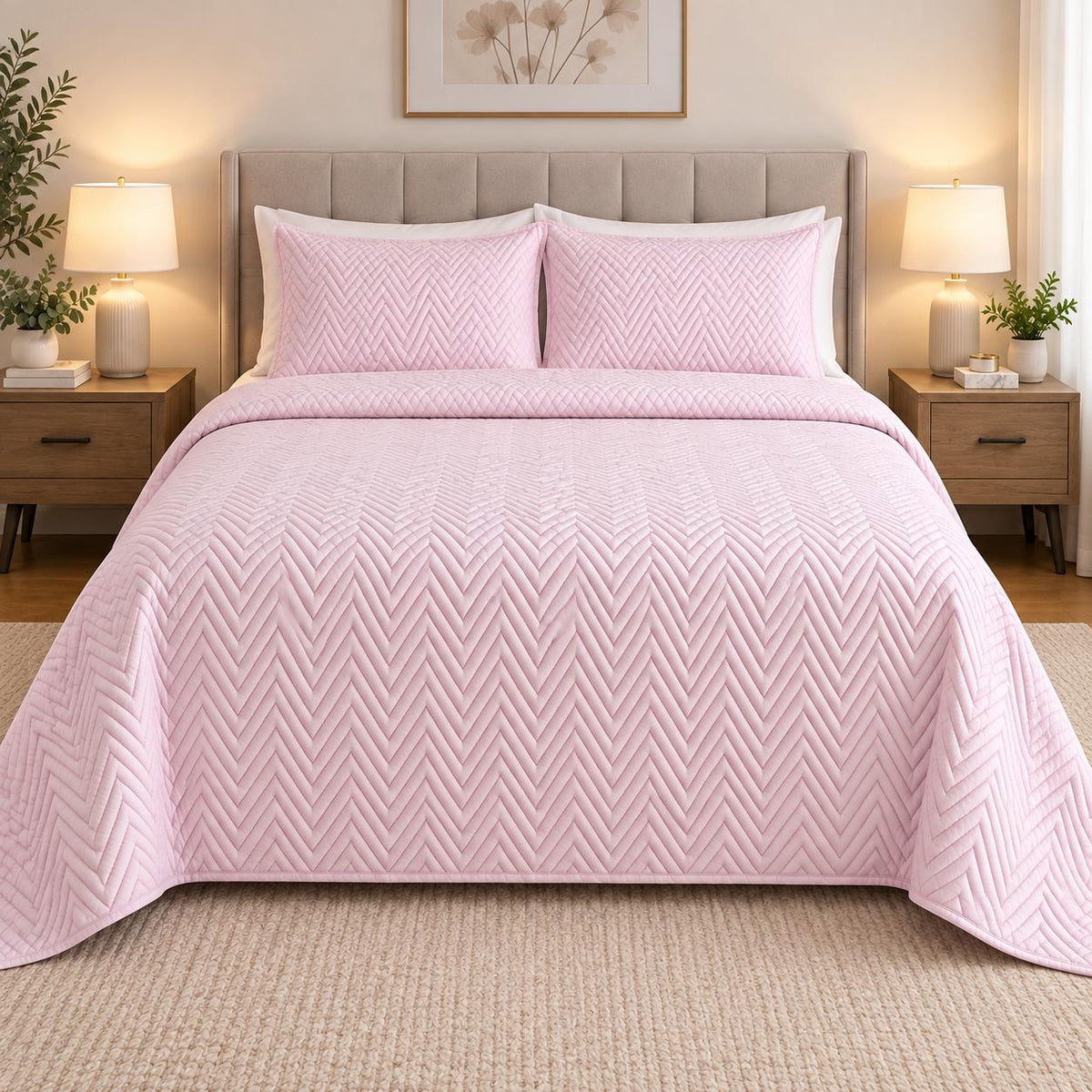 full bed view of COTTON QUILTED HERRINGBONE BEDSPREAD SET - DUSTY PINK