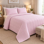 left hand view COTTON QUILTED HERRINGBONE BEDSPREAD SET - DUSTY PINK