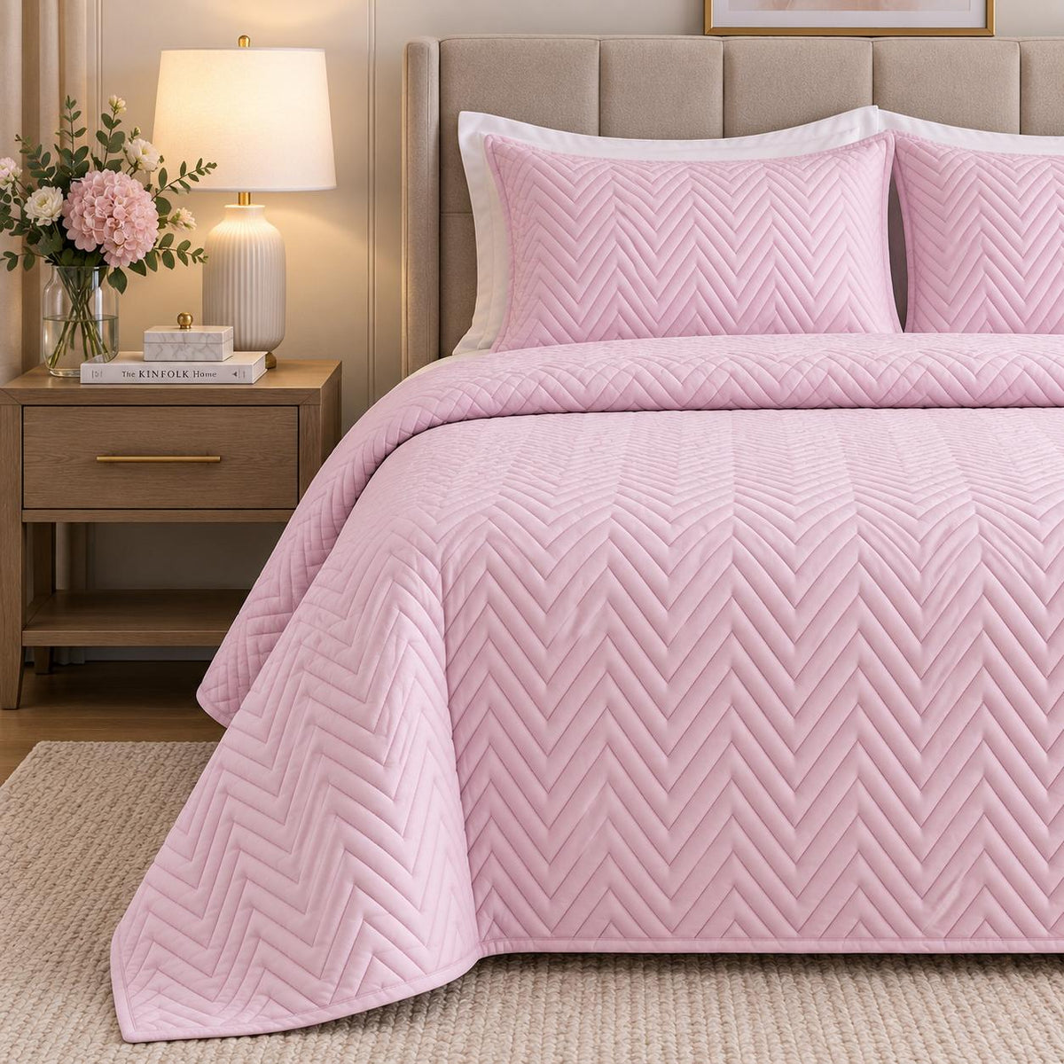 angle view COTTON QUILTED HERRINGBONE BEDSPREAD SET - DUSTY PINK