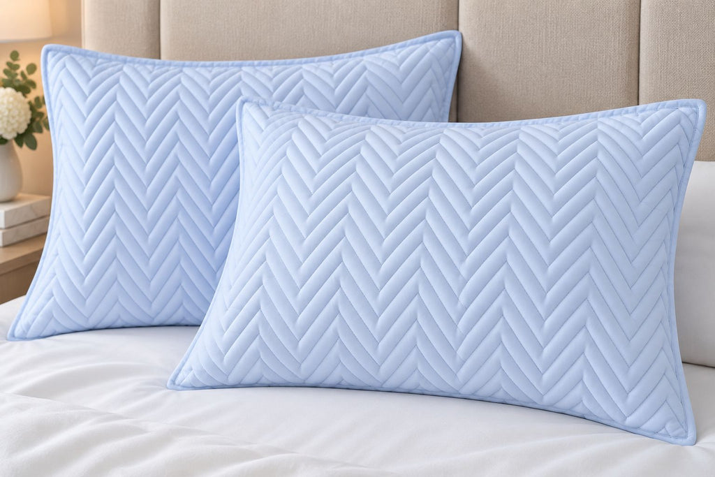 shams of COTTON QUILTED HERRINGBONE BEDSPREAD SET - SKY BLUE