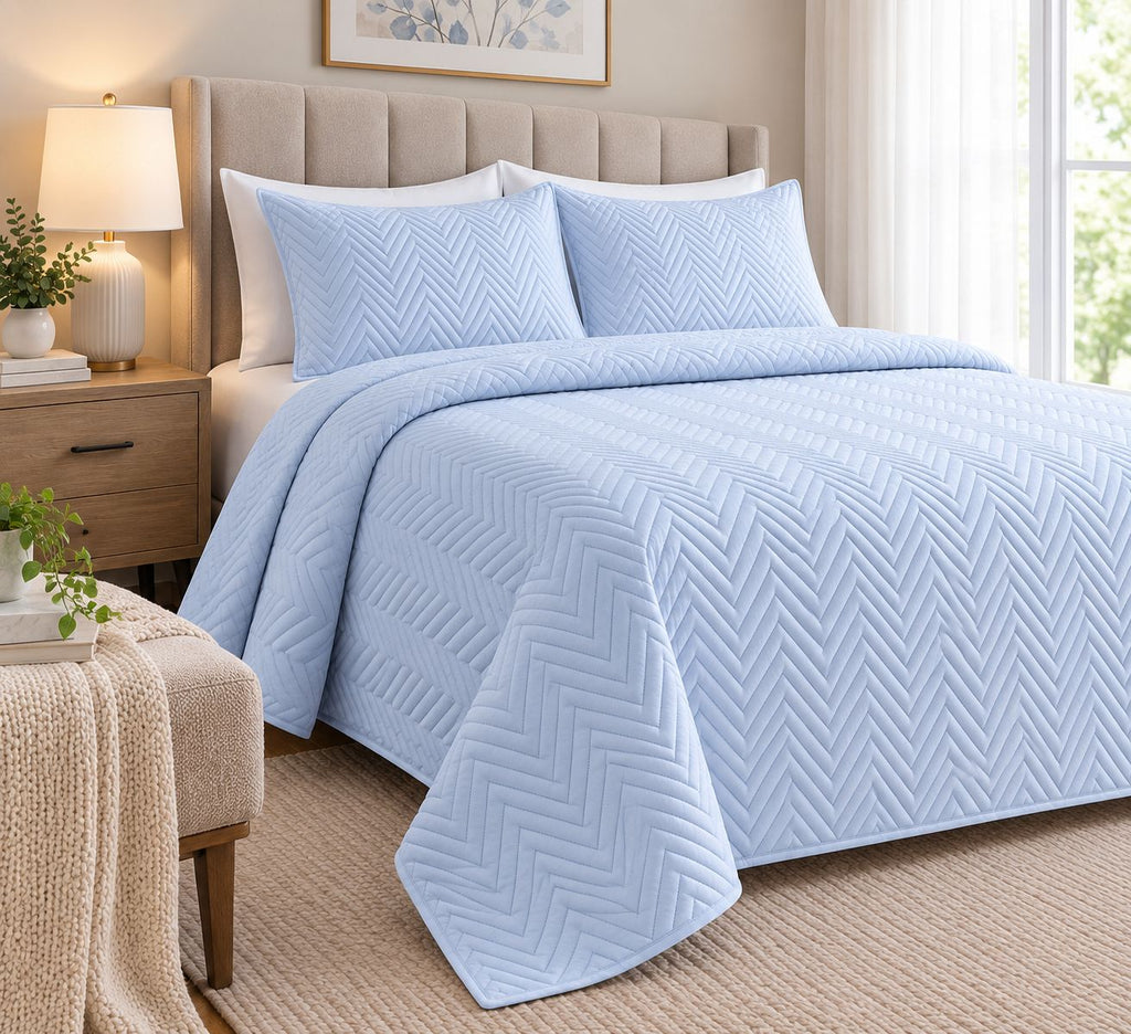 angle view COTTON QUILTED HERRINGBONE BEDSPREAD SET - SKY BLUE