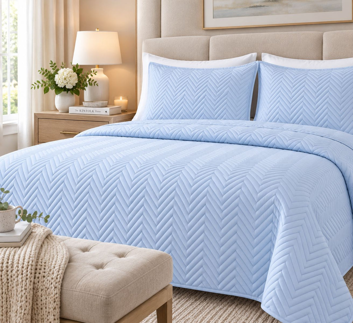 left hand view COTTON QUILTED HERRINGBONE BEDSPREAD SET - SKY BLUE