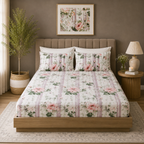 Full front capture of Whites of London NZ Whispering Rose GOTS certified Organic Cotton Printed Fitted Sheet Set 250TC with matching pillowcase 