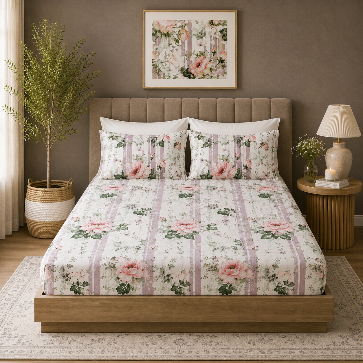 Full front capture of Whites of London NZ Whispering Rose GOTS certified Organic Cotton Printed Fitted Sheet Set 250TC with matching pillowcase 