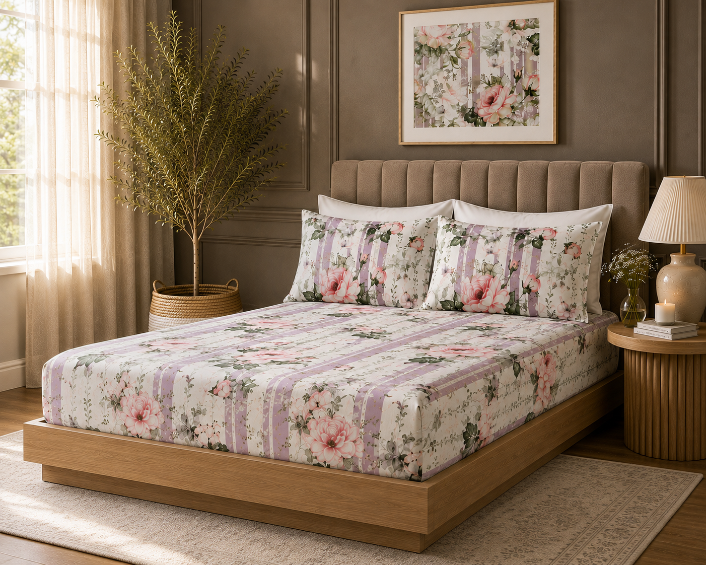Fitted sheet styled on a bed of Whites of London NZ Whispering Rose GOTS certified Organic Cotton Printed Fitted Sheet Set 250TC 
