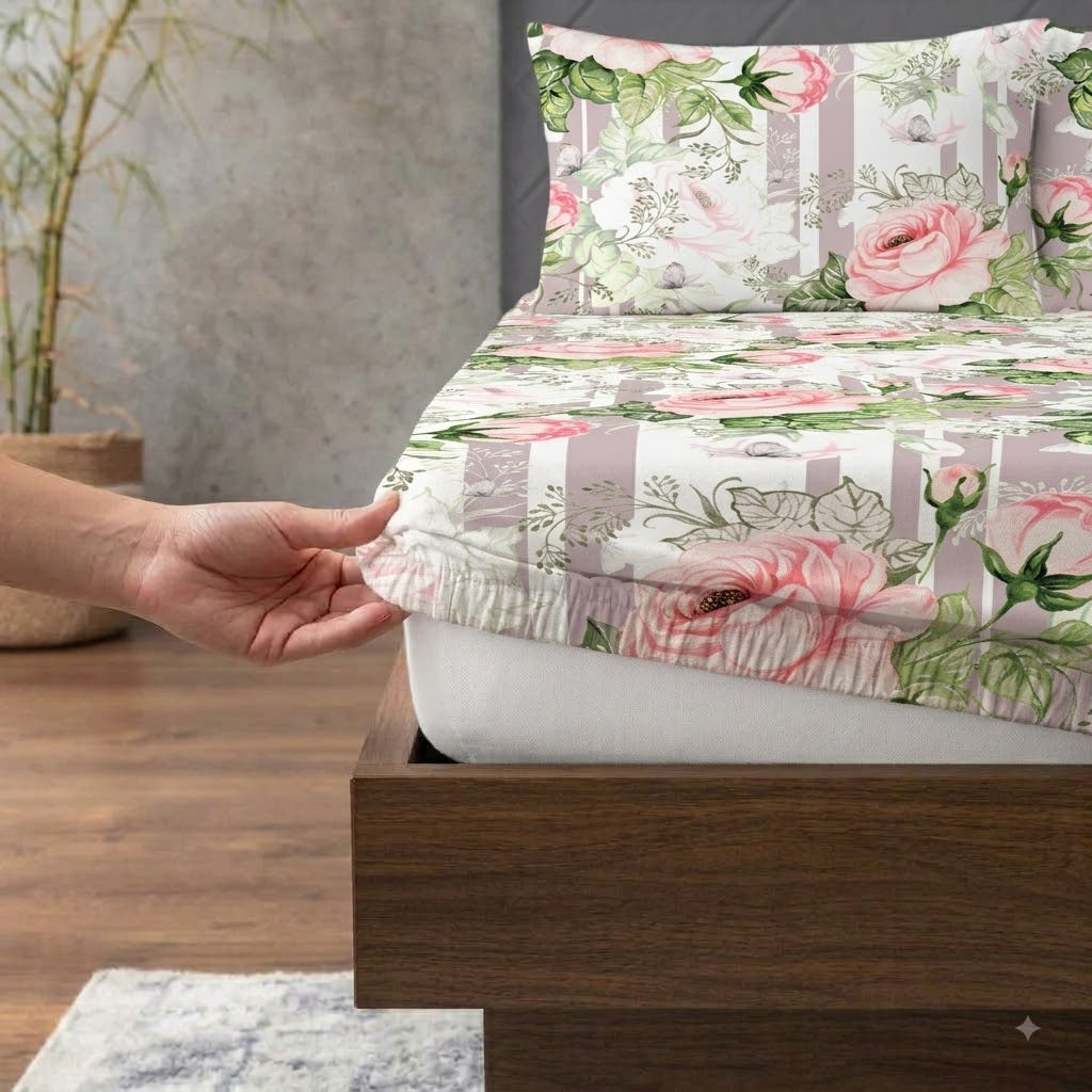 Fitted Sheet of Whites of London NZ Whispering Rose GOTS certified Organic Cotton Printed Fitted Sheet Set 250TC 
