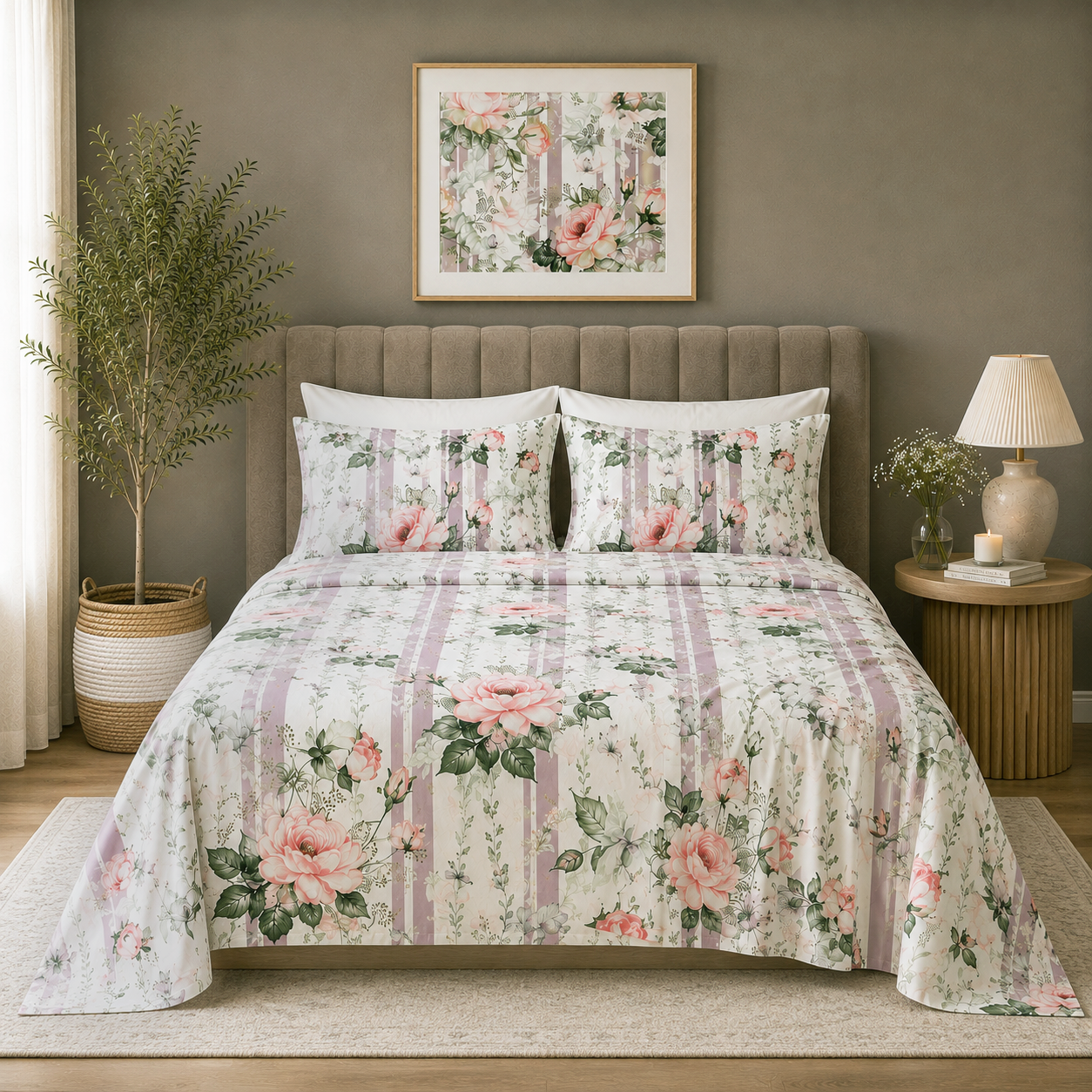 full bed display of Whites of London NZ Whispering Rose GOTS certified Organic Cotton Percale Printed Sheet Set 250TC 