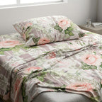 close up image of the Whites of London NZ Whispering Rose GOTS certified Organic Cotton Percale Printed Sheet Set 250TC 