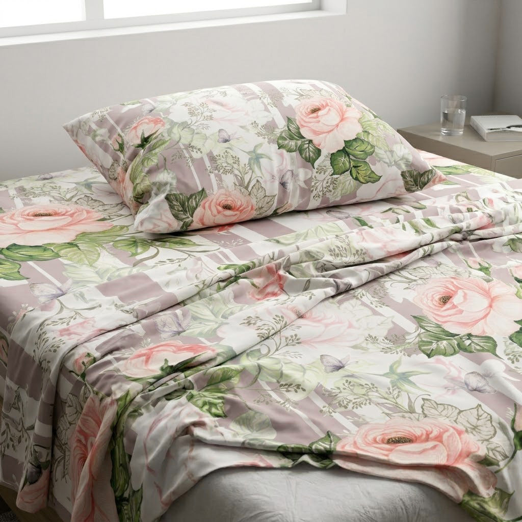 close up image of the Whites of London NZ Whispering Rose GOTS certified Organic Cotton Percale Printed Sheet Set 250TC 