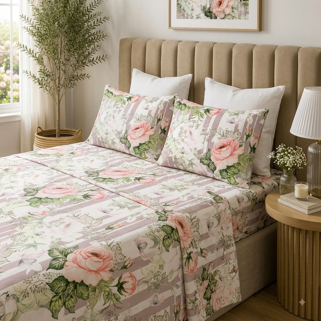 Matching pillowcases fitted sheet and flat sheet of Whites of London NZ Whispering Rose GOTS certified Organic Cotton Percale Printed Sheet Set 250TC 