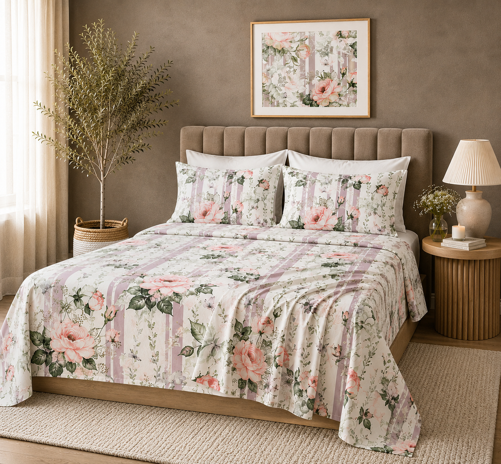 side angle full bed view of Whites of London NZ Whispering Rose GOTS certified Organic Cotton Percale Printed Sheet Set 250TC 