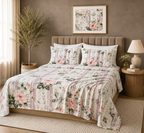 side angle full bed view of Whites of London NZ Whispering Rose GOTS certified Organic Cotton Percale Printed Sheet Set 250TC 