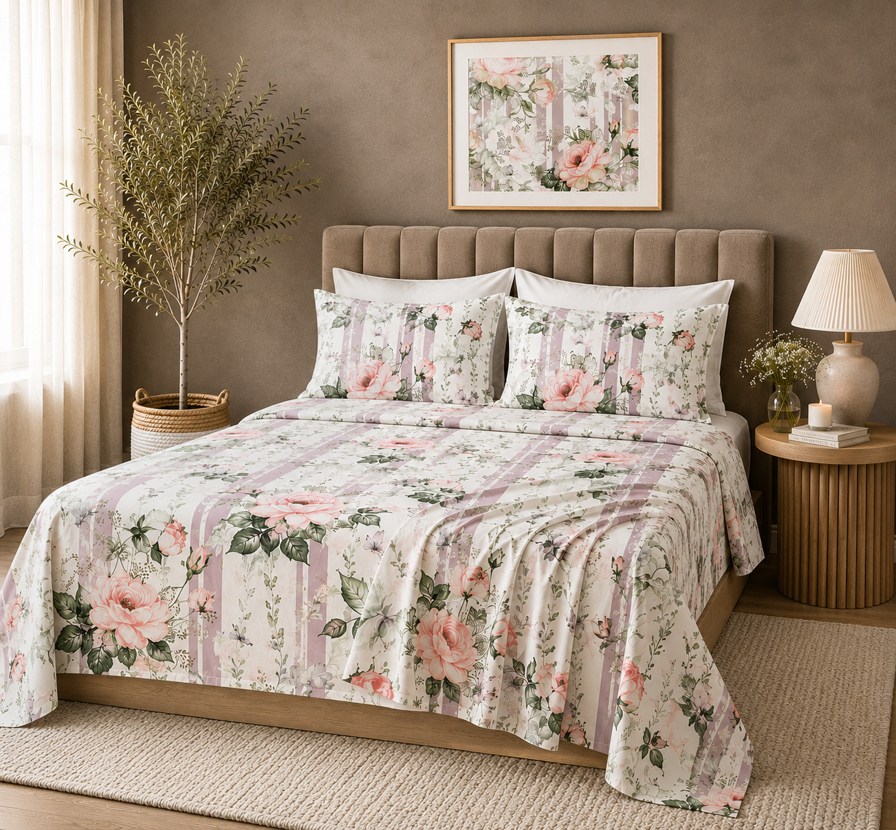 side angle full bed view of Whites of London NZ Whispering Rose GOTS certified Organic Cotton Percale Printed Sheet Set 250TC 