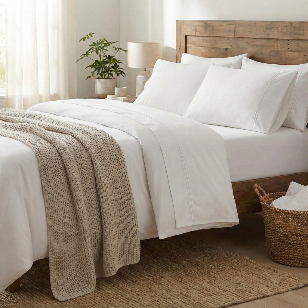 250 TC WHITE ORGANIC COTTON EMBROIDERED SHEET SET - WHITE ON WHITE