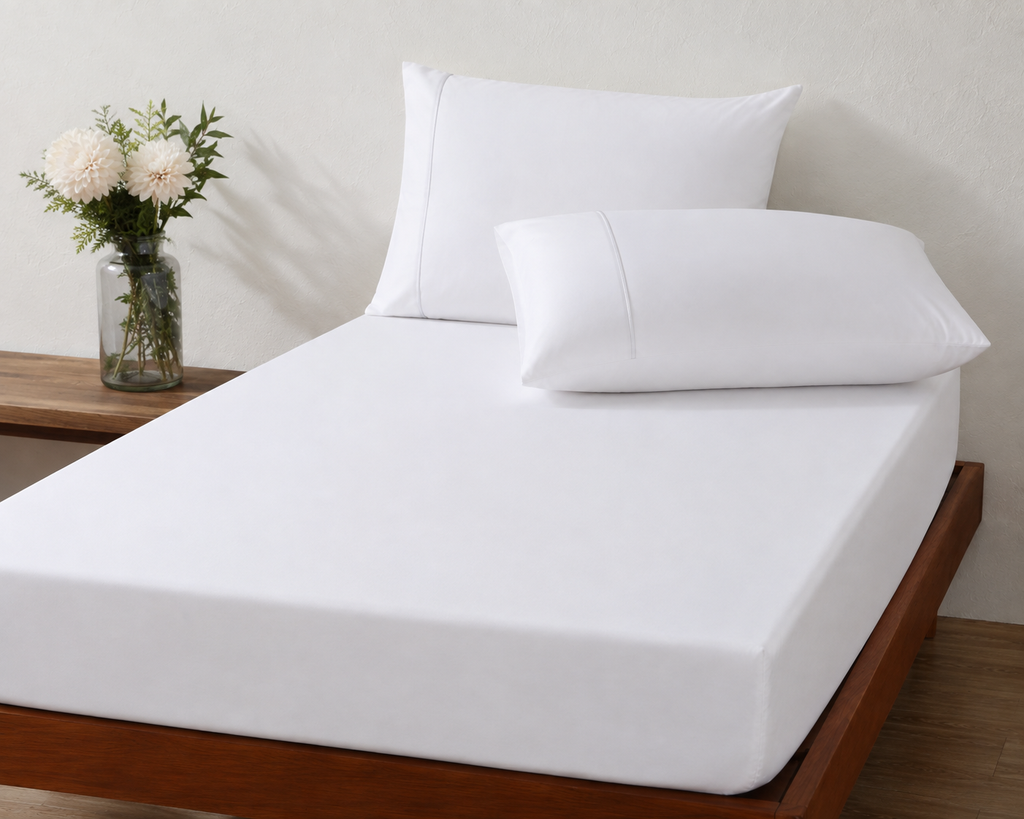 styled bed - BAMBOO COTTON EMBROIDERED FITTED SHEET SET - WHITE 375TC