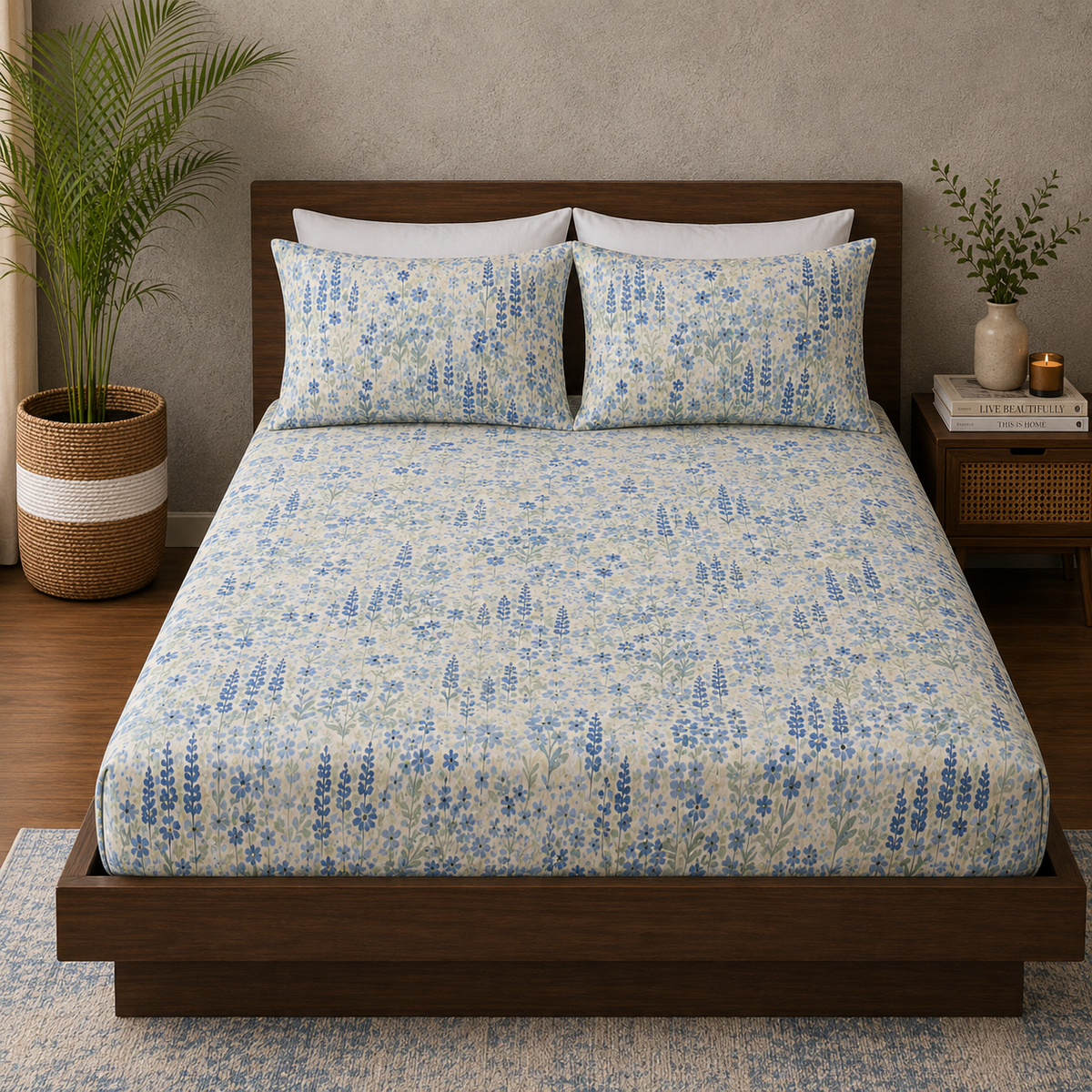FULL BED VIEW ORGANIC COTTON PRINTED FITTED SHEET SET - JACOBEAN WINDFLOWER 250TC