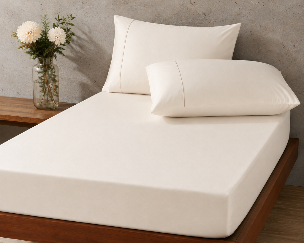style bed - BAMBOO COTTON EMBROIDERED FITTED SHEET SET - IVORY  375TC