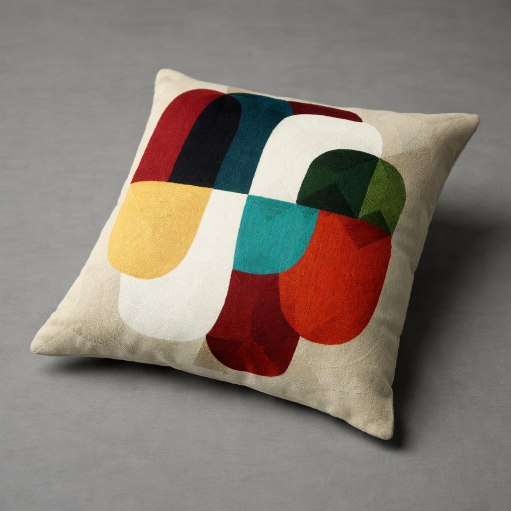 Whites of London Vertex Decorative Cushion – bold geometric shapes red, teal, yellow raised motif New Zealand 