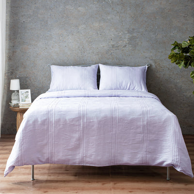 Heirloom — 100% PURE LINEN DUVET COVER SET - LAVENDER BLUSH pintucks and hemstitched embroidered duvet cover and pillowcases set in lavender colour New Zealand.European French flax 