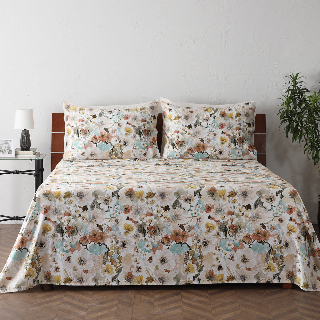 full bed view of BAMBOO COTTON PRINTED SHEET SET - MEADOW MIST 375TC