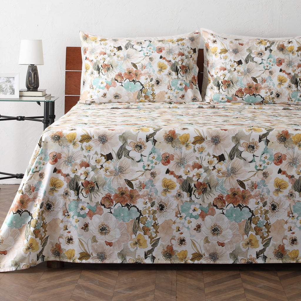 side view BAMBOO COTTON PRINTED SHEET SET - MEADOW MIST 375TC